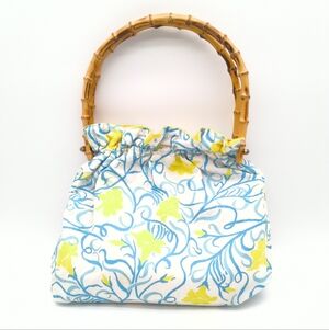 Vintage MCM Reversible Blue and Yellow Fabric Handbag - Round Bamboo Handles
